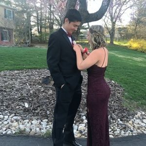 Deep Red Lace Two Piece Prom Dress